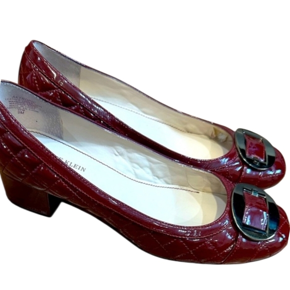 Anne Klein Shoes - Anne Klein Burgundy Patent Quilted Low Block Heel Pumps with Buckle